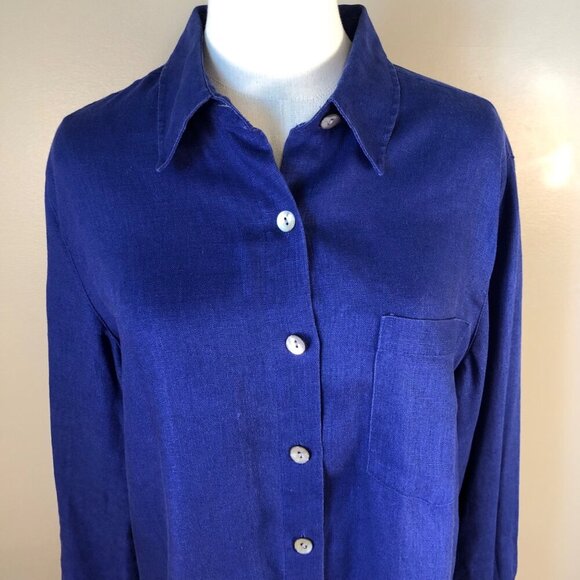 Chico's 100% Linen Button Front Long Sleeve Blue Tunic Size 1 - Picture 2 of 10